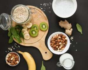 flat lay oats jar with nuts mix 23 2148361748