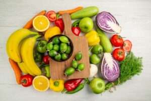 top view vegetable composition with fruits white background 140725 141215